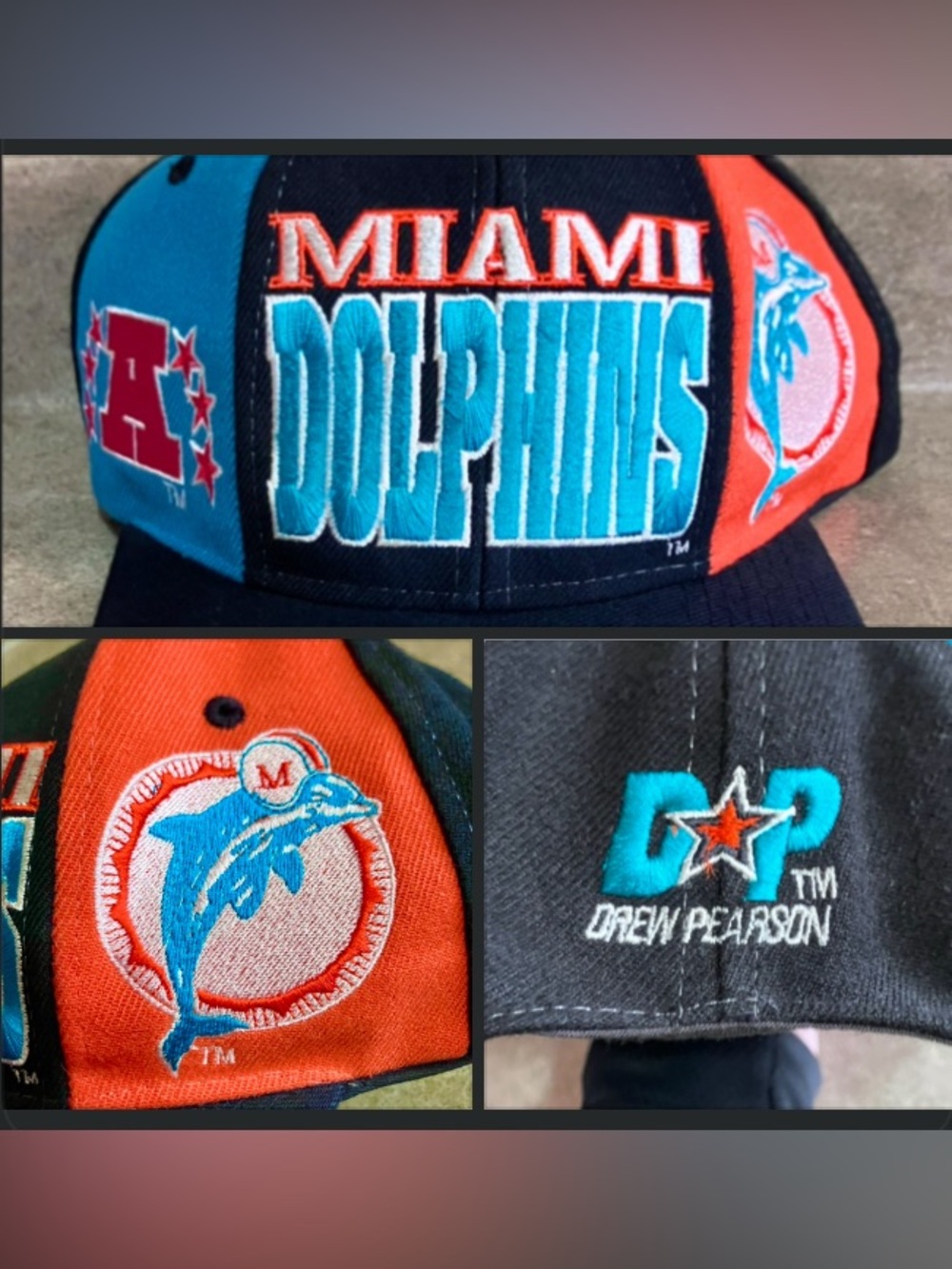 Vintage 90's Drew Pearson Miami Dolphins Snapback Hat NFL Color Block Marino Era